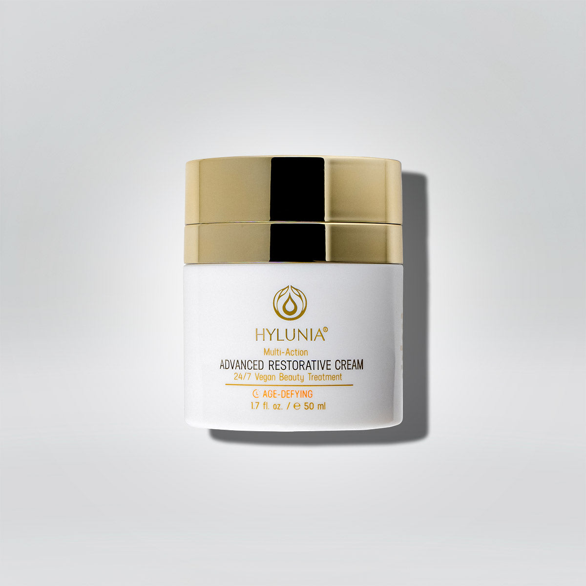 HYLUNIA Advanced Restorative Cream 2-in-1 anti-aging and rejuvenation treatment in a sleek jar.