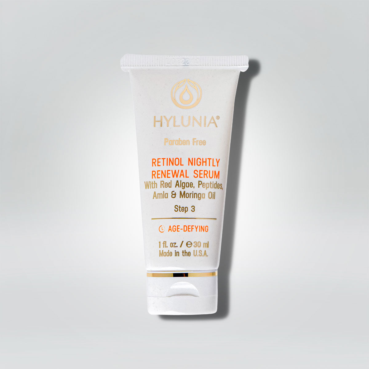 Hylunia Retinol Nightly Renewal Serum tube with anti-aging benefits and natural ingredients.